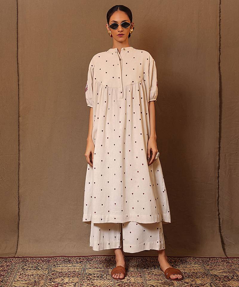 White printed cotton kurta set