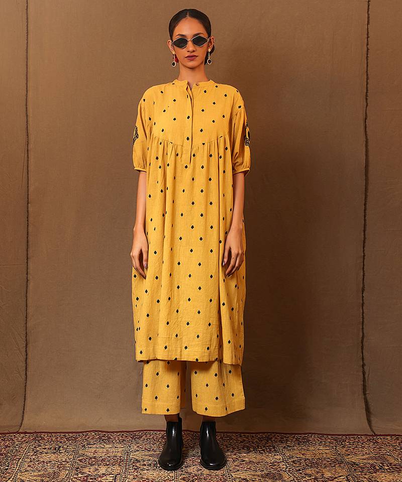 Yellow printed cotton kurta set