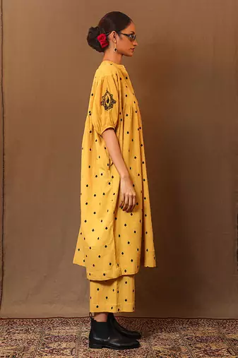 Yellow printed cotton kurta set