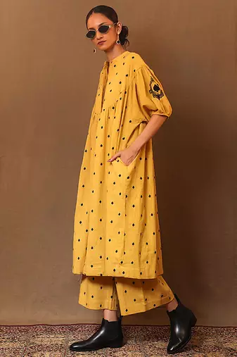 Yellow printed cotton kurta set