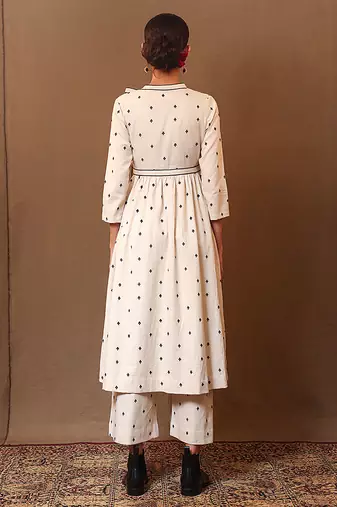 White printed cotton long kurta
