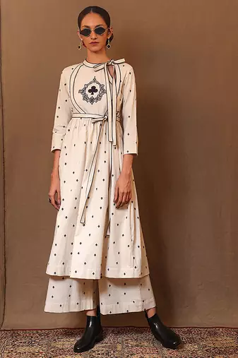 White printed cotton long kurta