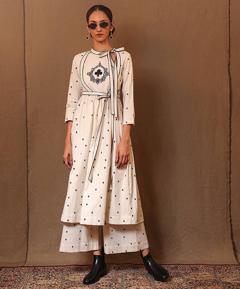 White printed cotton long kurta