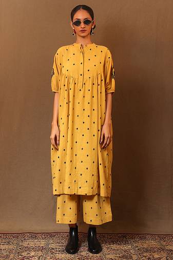 Yellow printed cotton long kurta