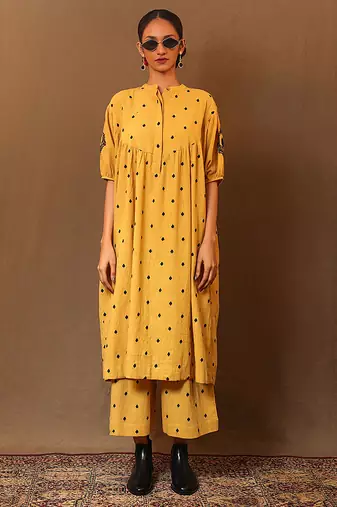 Yellow printed cotton long kurta