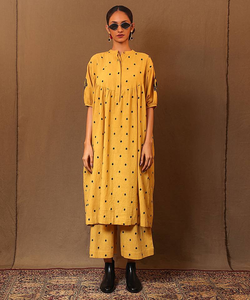 Yellow printed cotton long kurta