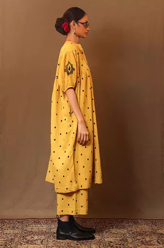Yellow printed cotton long kurta
