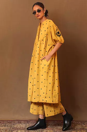 Yellow printed cotton long kurta