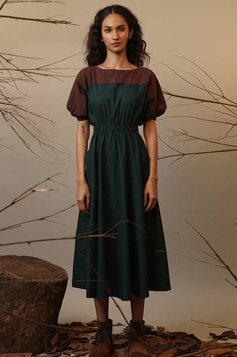 Green and Brown cotton dress