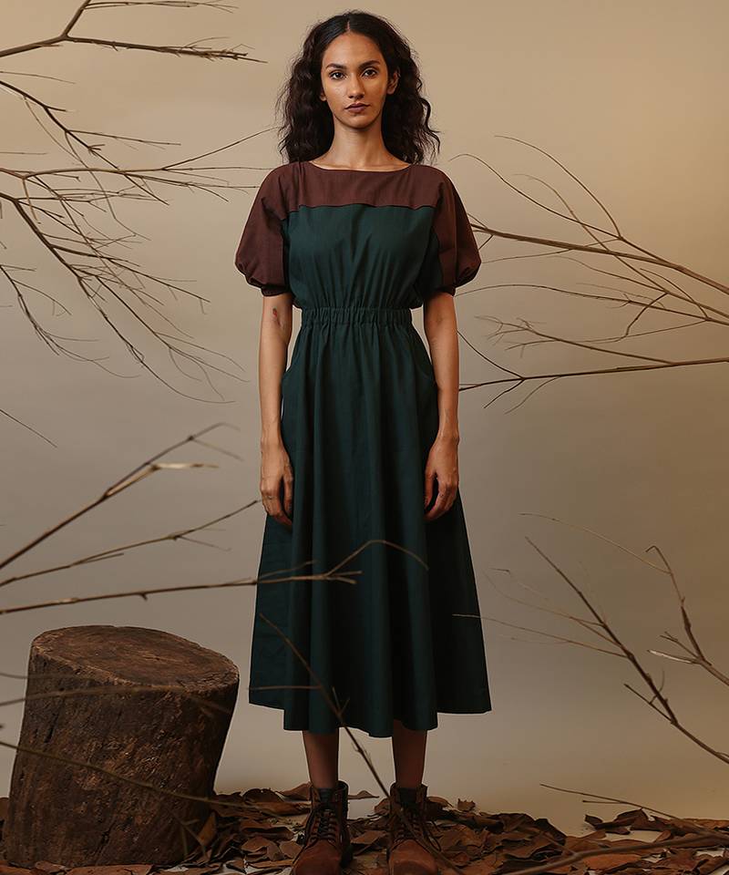 Green and Brown cotton dress