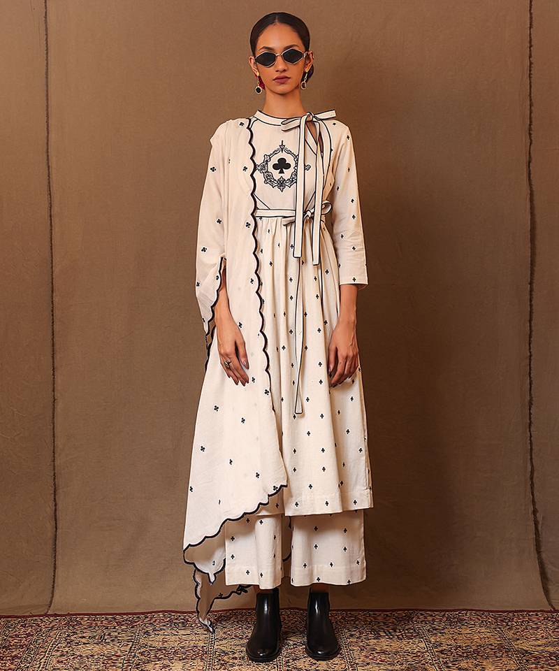 White printed cotton kurta set
