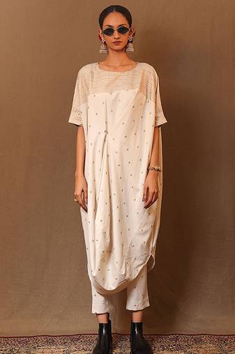 White printed cotton long kurta