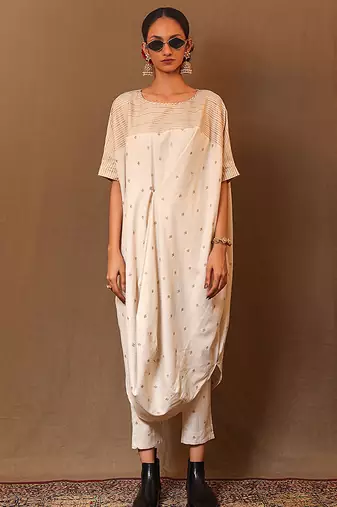 White printed cotton long kurta
