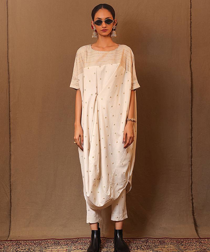 White printed cotton long kurta