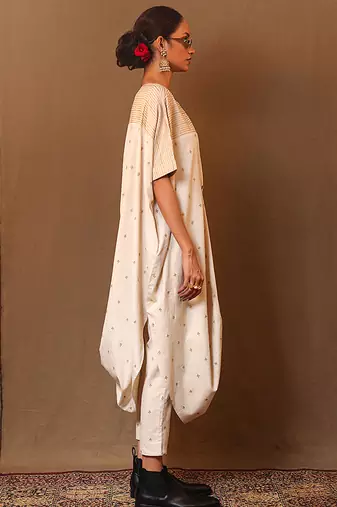 White printed cotton long kurta