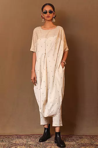White printed cotton long kurta