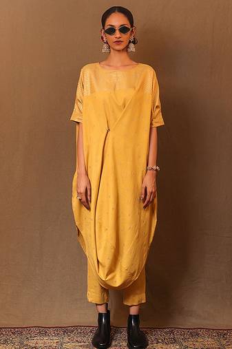 Yellow printed cotton long kurta