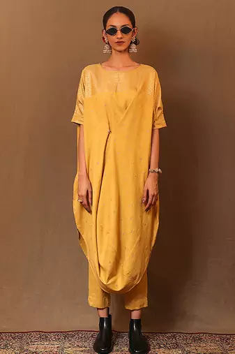 Yellow printed cotton long kurta