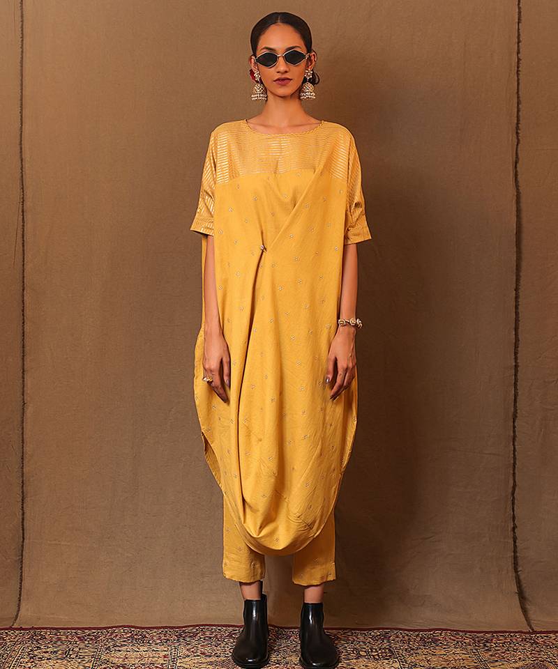 Yellow printed cotton long kurta