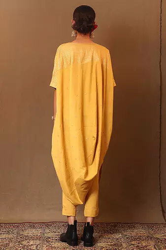 Yellow printed cotton long kurta