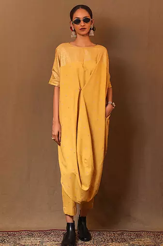 Yellow printed cotton long kurta