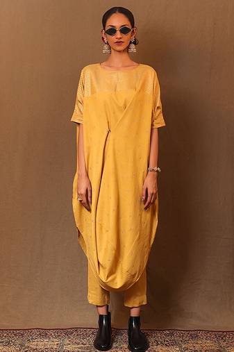 Yellow printed cotton kurta set