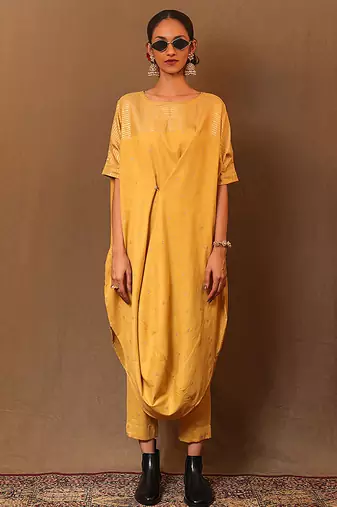 Yellow printed cotton kurta set
