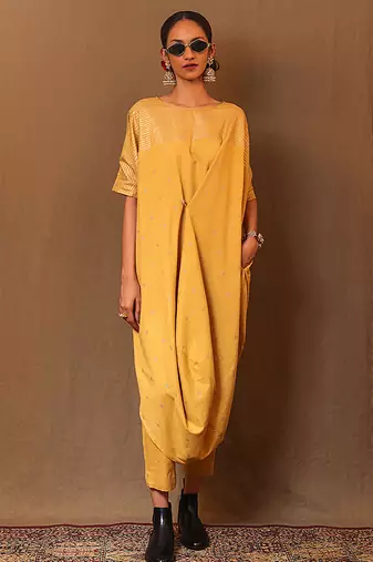 Yellow printed cotton kurta set