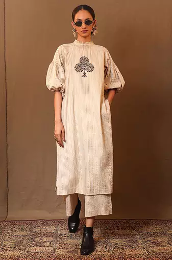 White printed cotton long kurta