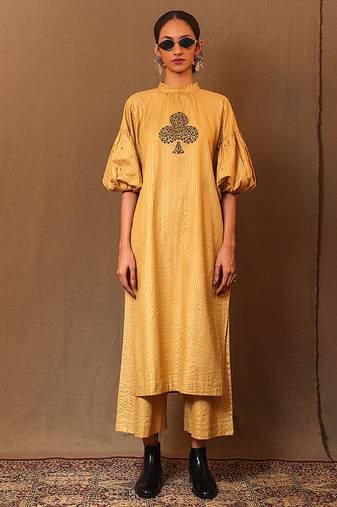 Yellow printed cotton long kurta