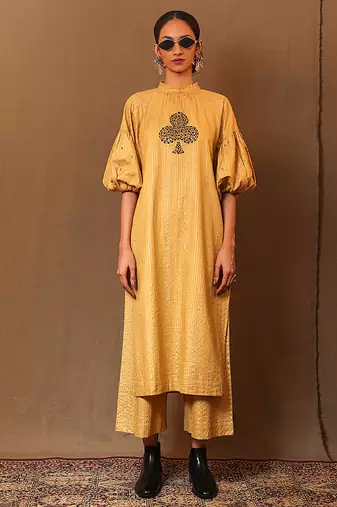 Yellow printed cotton long kurta