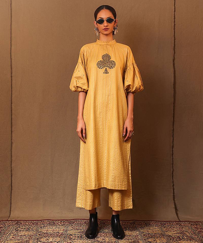 Yellow printed cotton long kurta