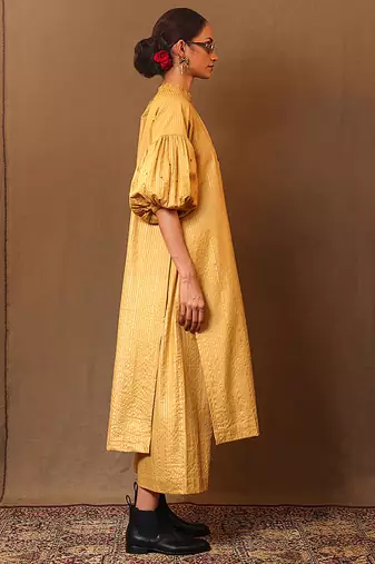 Yellow printed cotton long kurta