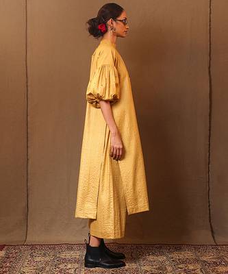 Yellow printed cotton long kurta 3