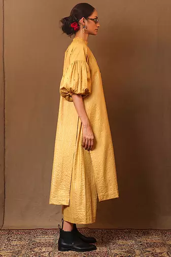 Yellow printed cotton long kurta