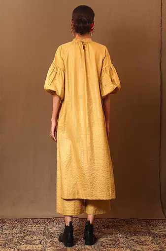 Yellow printed cotton long kurta