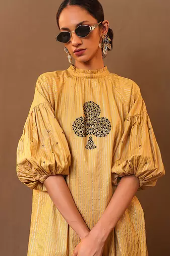 Yellow printed cotton long kurta