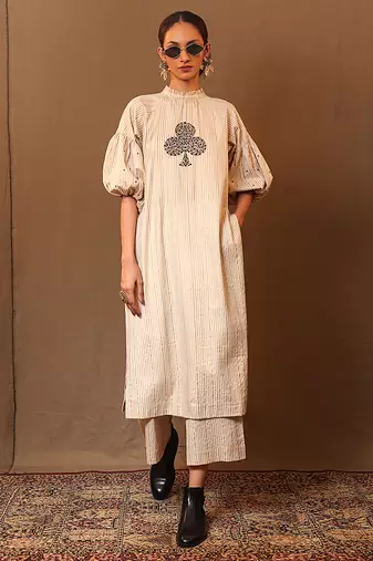 White printed cotton kurta set