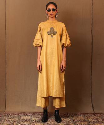 Yellow printed cotton kurta set 1