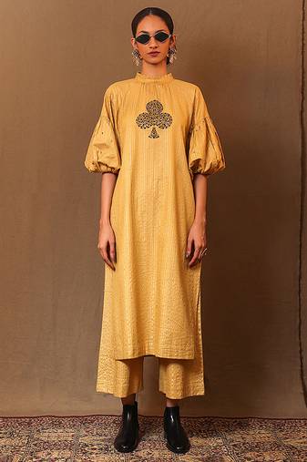 Yellow printed cotton kurta set
