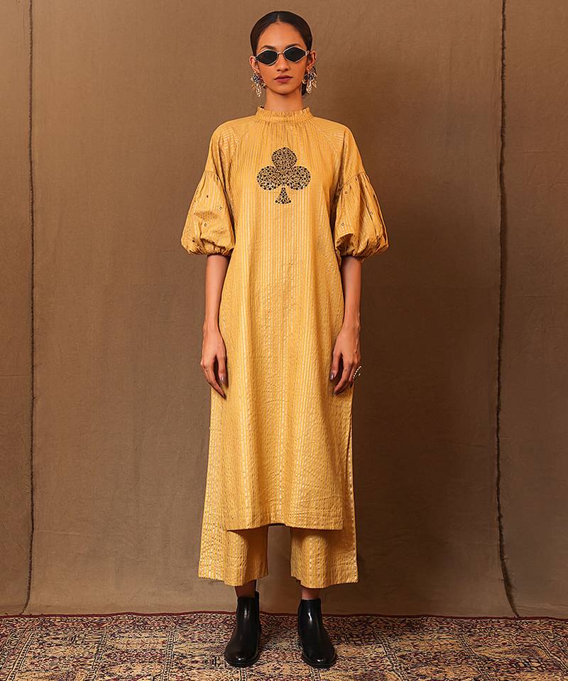 Yellow printed cotton kurta set