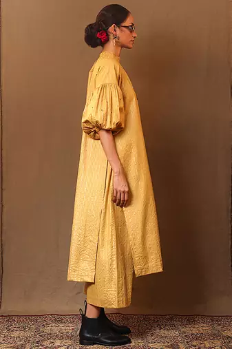 Yellow printed cotton kurta set