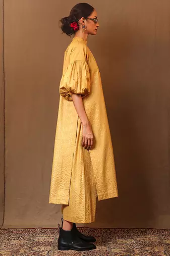 Yellow printed cotton kurta set