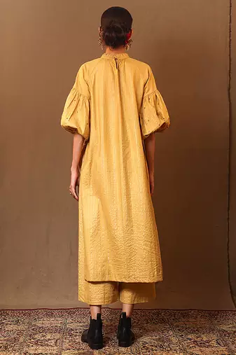 Yellow printed cotton kurta set