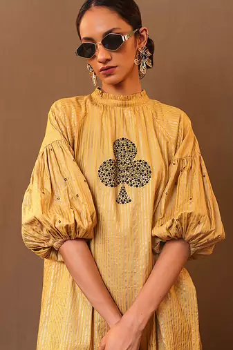 Yellow printed cotton kurta set
