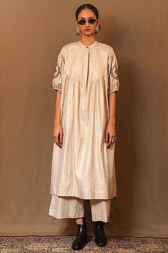 White printed cotton long kurta