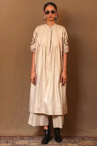 White printed cotton long kurta