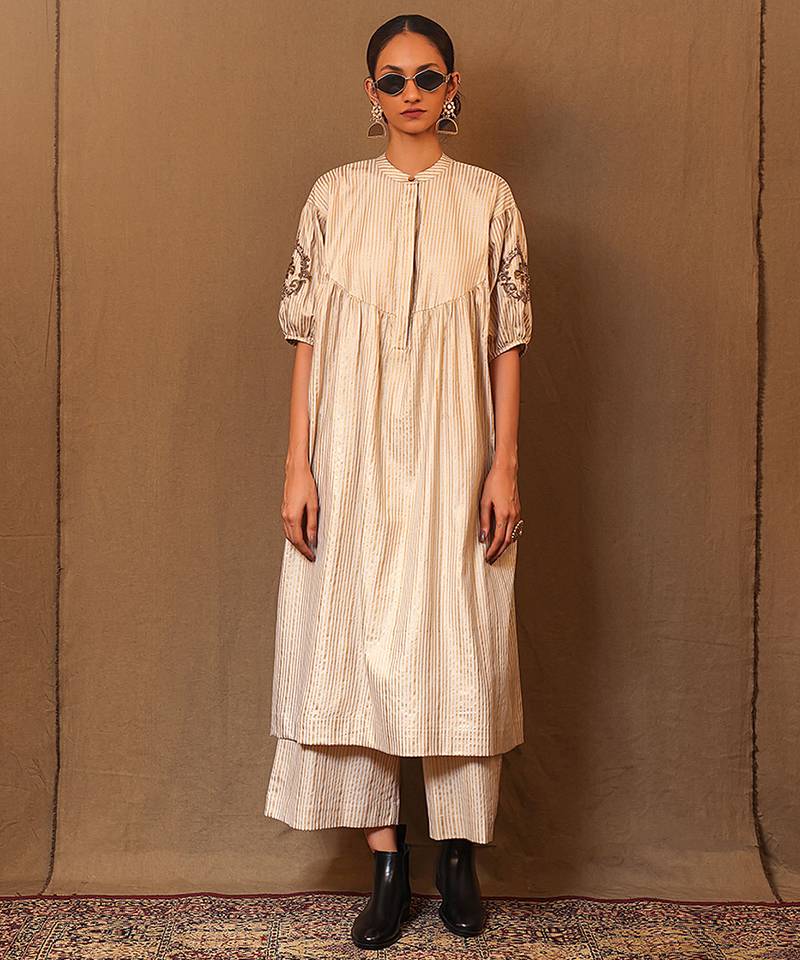 White printed cotton long kurta