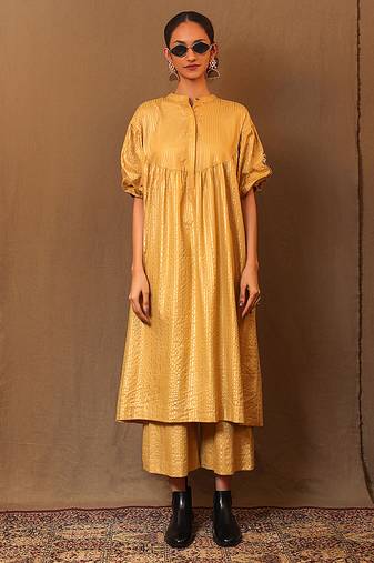 Yellow printed cotton long kurta