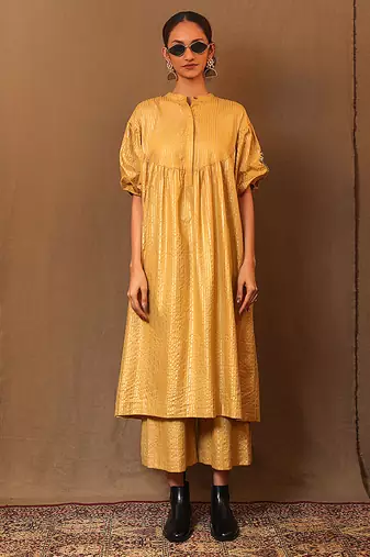Yellow printed cotton long kurta